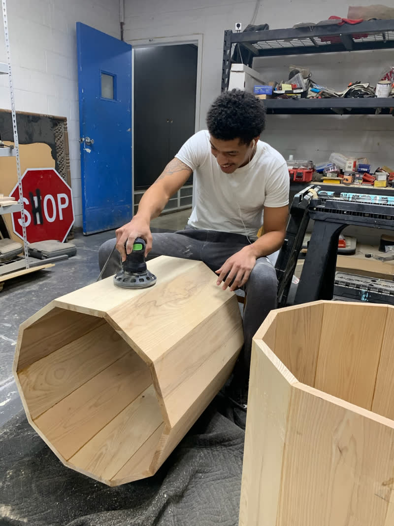 A young maker sanding tall octagonal wood planters fresh off the bench